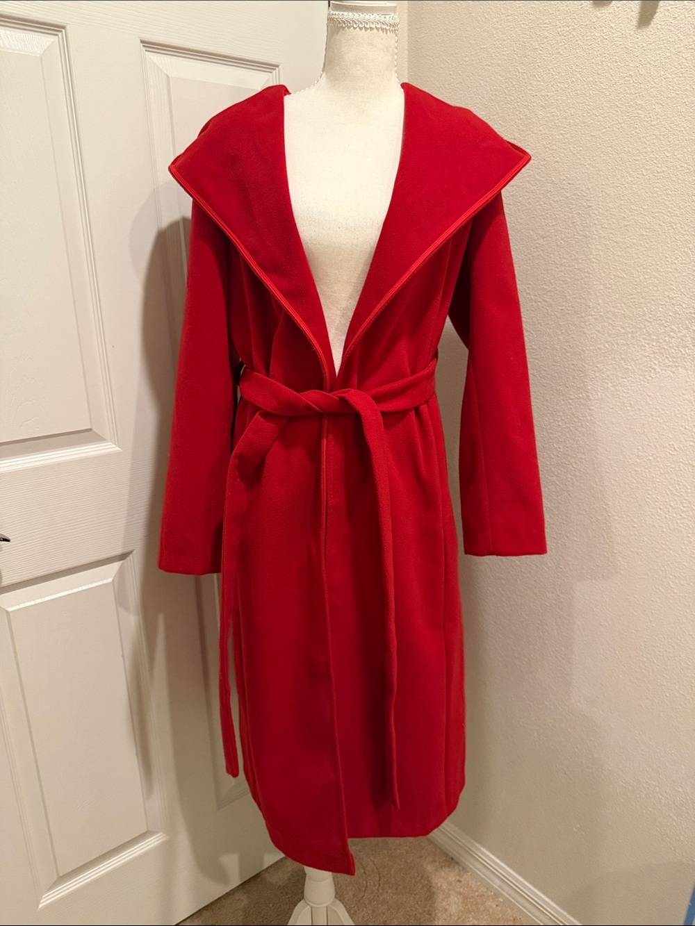 Women's Red Hooded Wrap Coat with Tie Belt